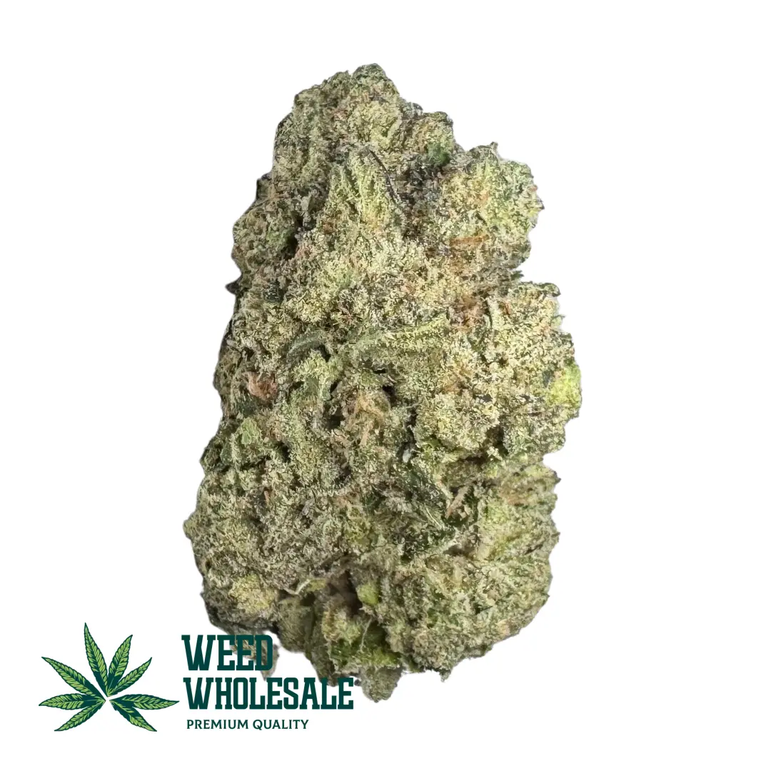 Close-up macro photograph of a single Pink Certz AAAA cannabis bud, showcasing dense crystalline trichome frosting and green hues.