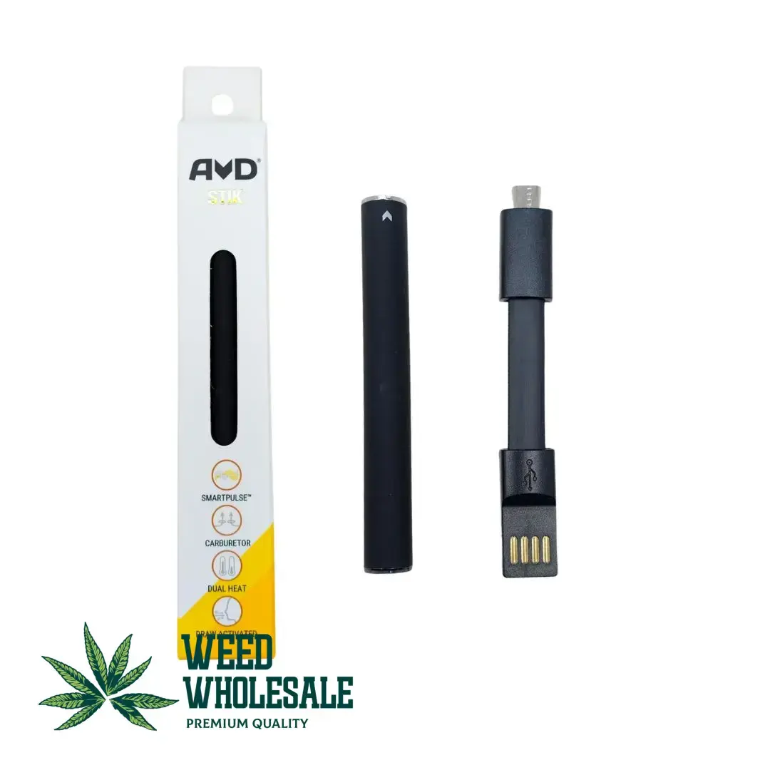 A slim black AVD 510 thread battery compatible with standard 510 threaded cartridges and equipped with Micro-USB charging.