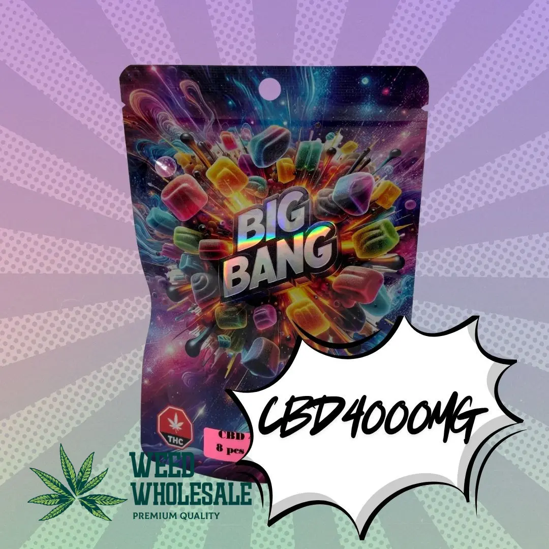 Pouch of Big Bang CBD Gummies featuring 8 soft chewy gummies crafted in British Columbia Canada, with a total of 4000mg full-spectrum CBD and 500mg per gummy.