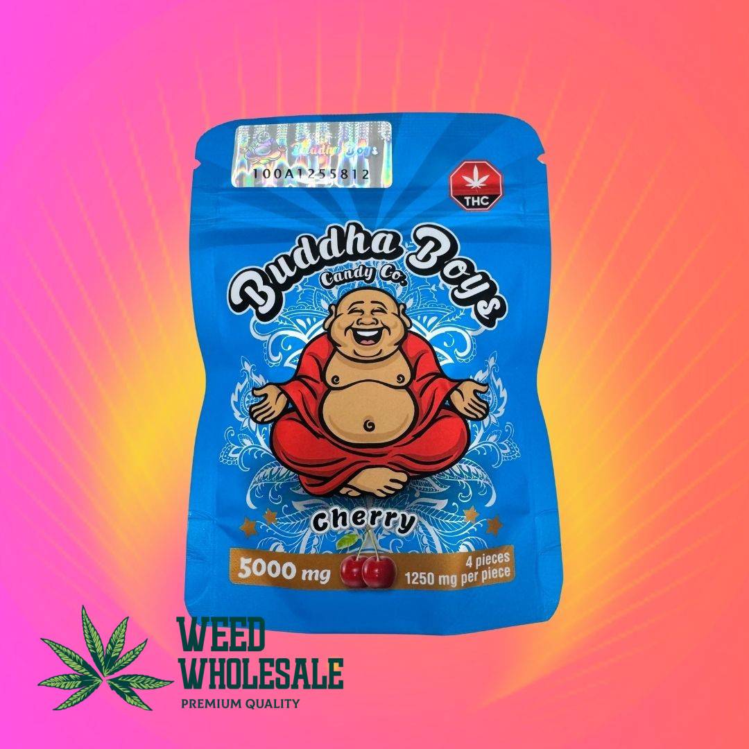 Packaging of Buddha Boys 5000MG – Cherry featuring high-potency cannabis edibles with 5000MG THC labeling on the package.