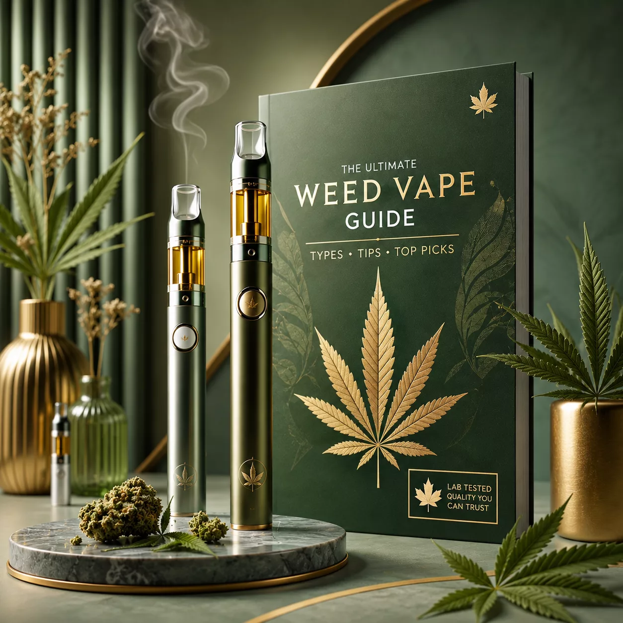 Weed vape guide cover image featuring modern weed vapes, cartridges, and accessories arranged on a greenish background.