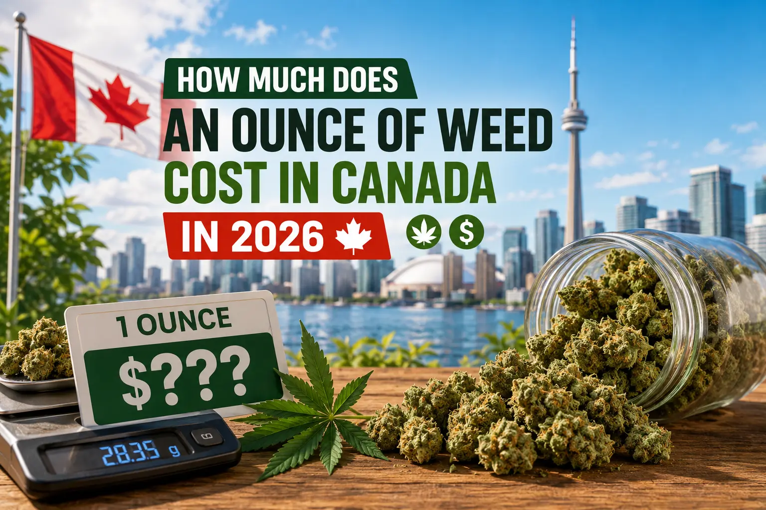 2026 Canadian cannabis price guide title card: "How much does an ounce of weed cost in Canada in 2026?"