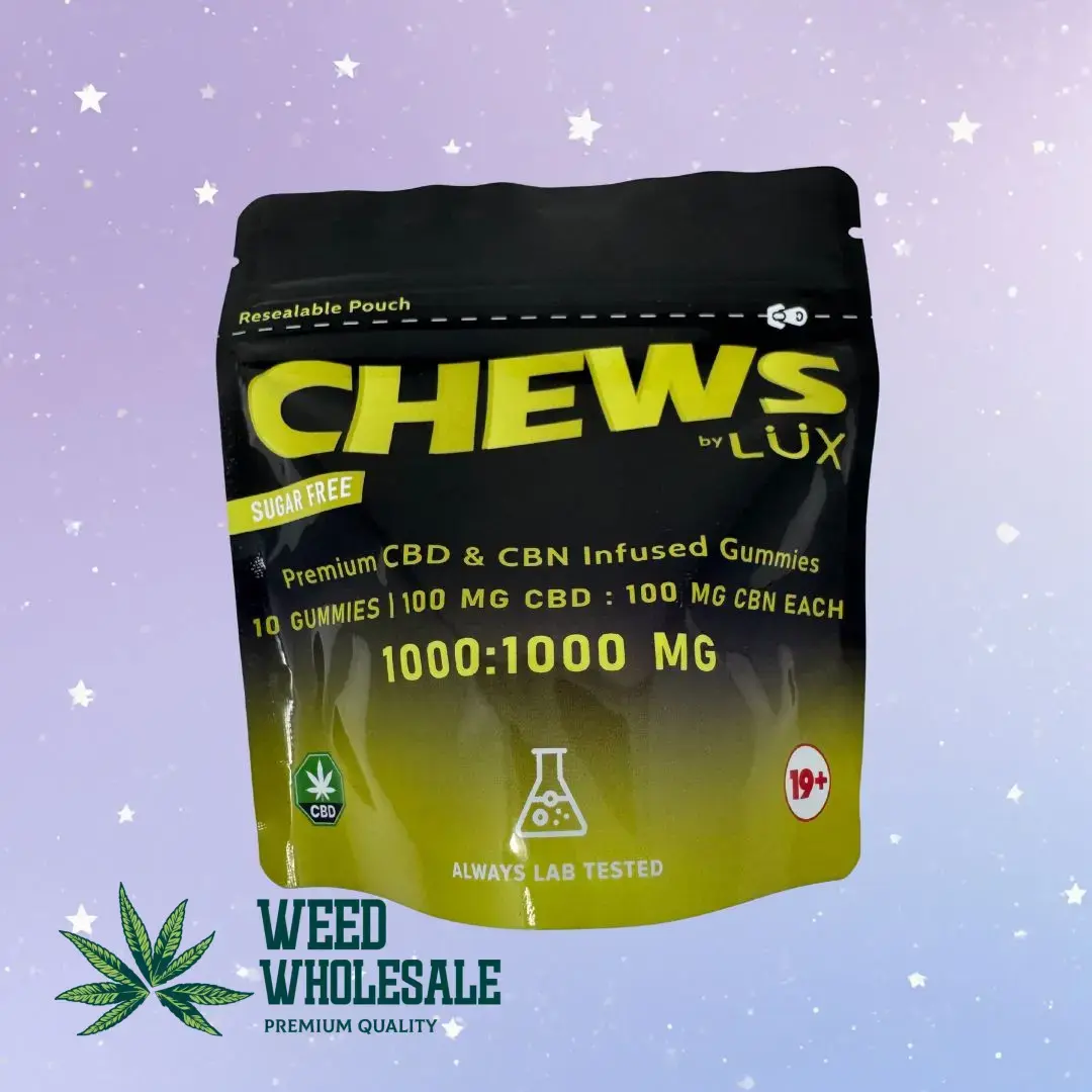 Packaging of Chews by Lux CBD/CBN Gummies showing soft chew gummies with a 1:1 CBD to CBN ratio, 100mg per cannabinoid per gummy, and a 10-count package totalling 1000mg CBD and 1000mg CBN.