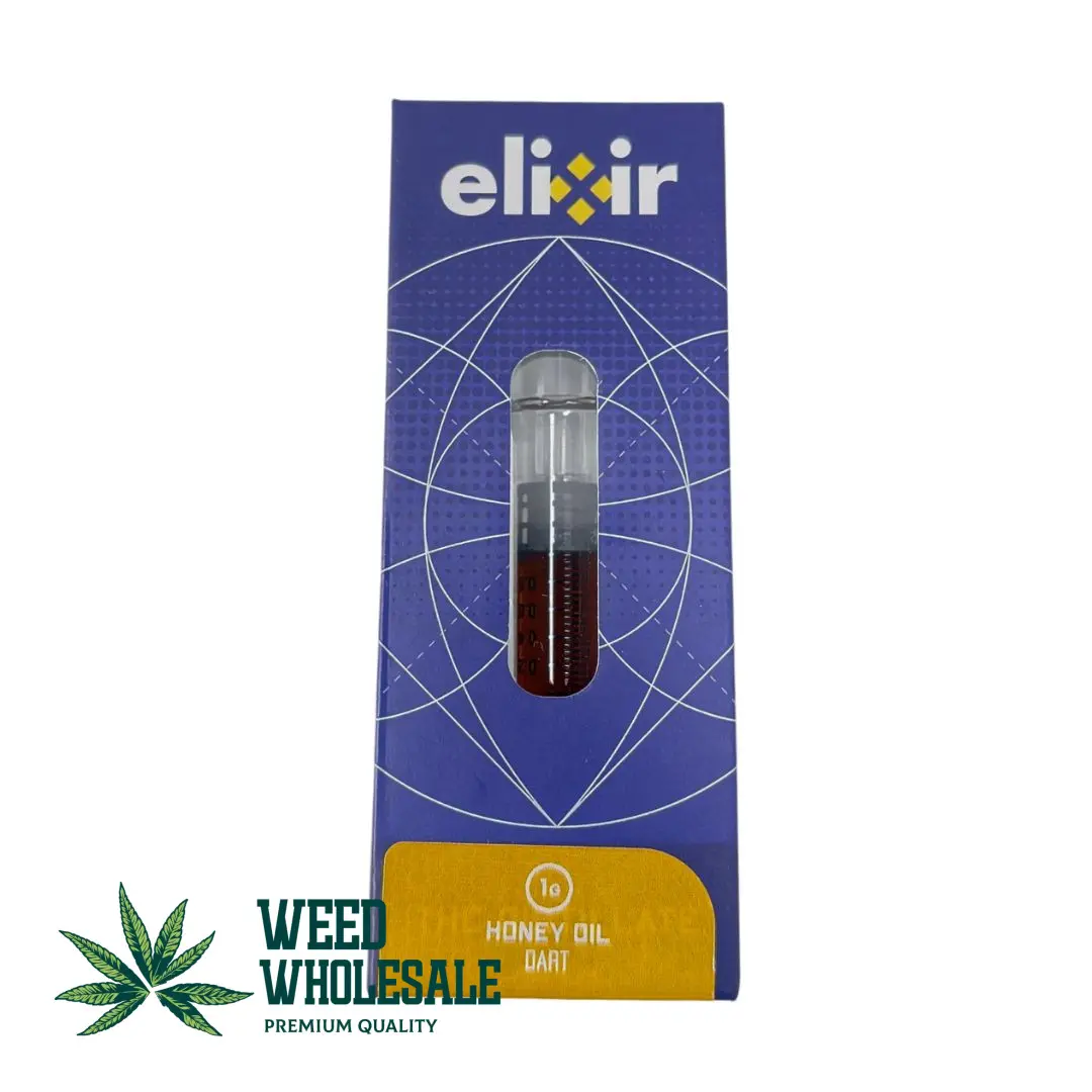 An Elixir Honey Oil Dart package featuring a dart filled with golden brown full-spectrum cannabis concentrate.