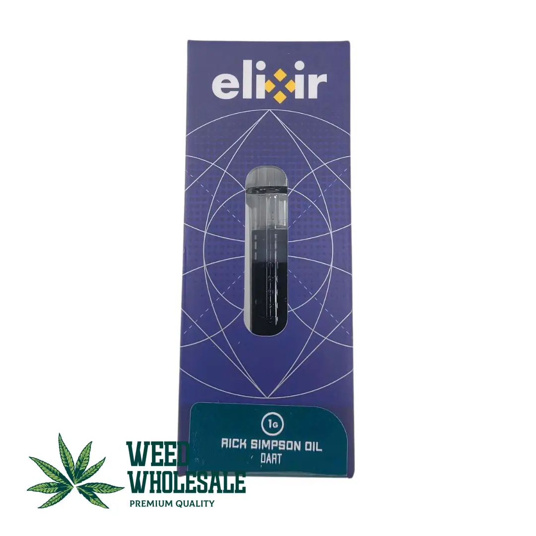 An image of an Elixir RSO Dart Pack filled with thick dark full-spectrum RSO cannabis concentrate