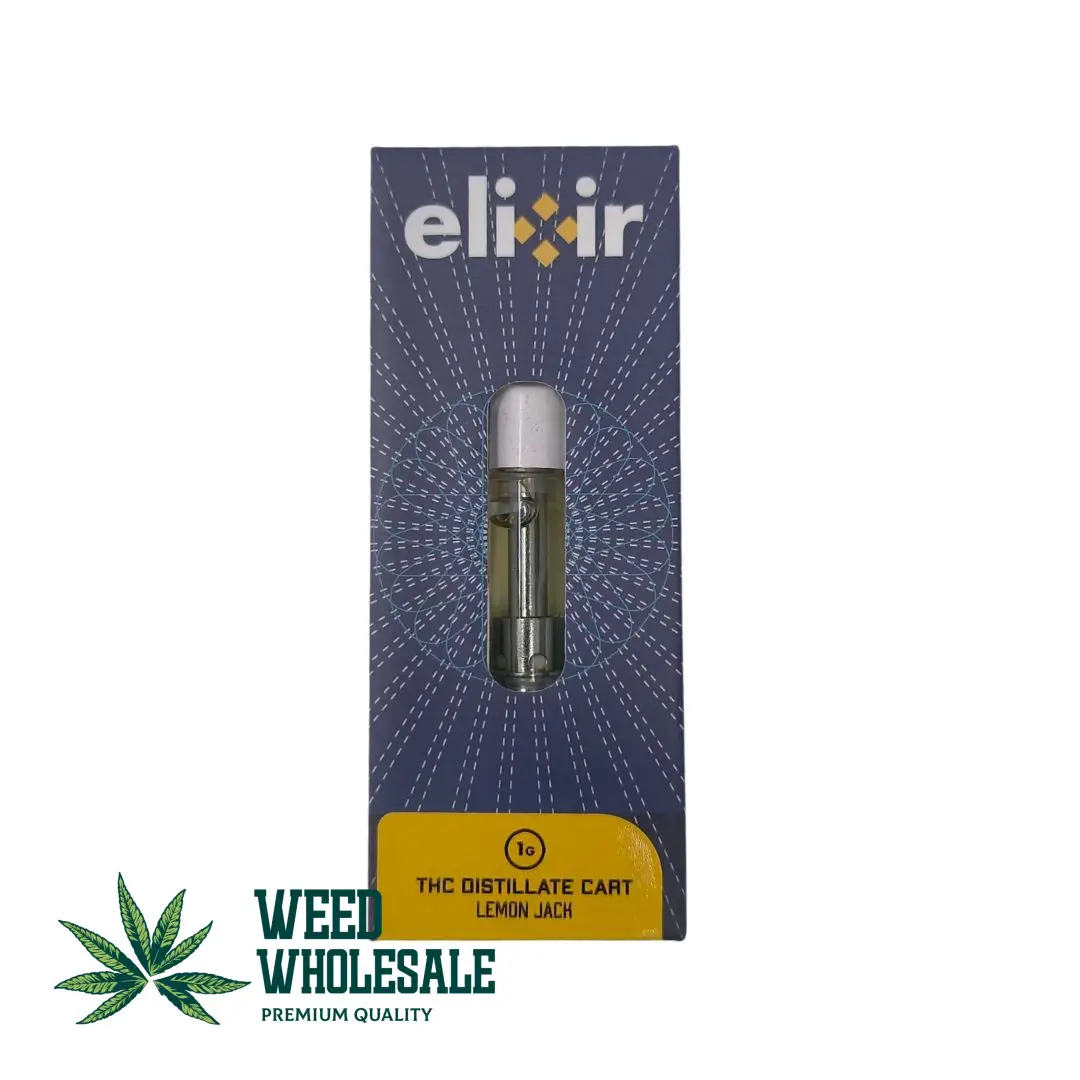 An Elixir THC Distillate vape cartridge Pack showing a clear golden terpene-infused cannabis oil