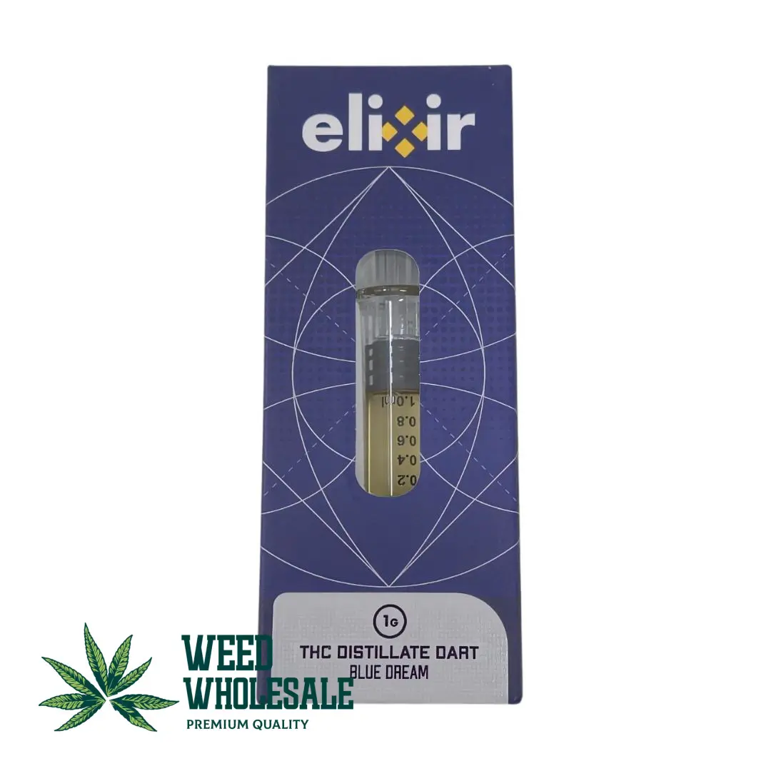 An Elixir THC Distillate Dart pack showing pale golden strain-infused cannabis concentrate