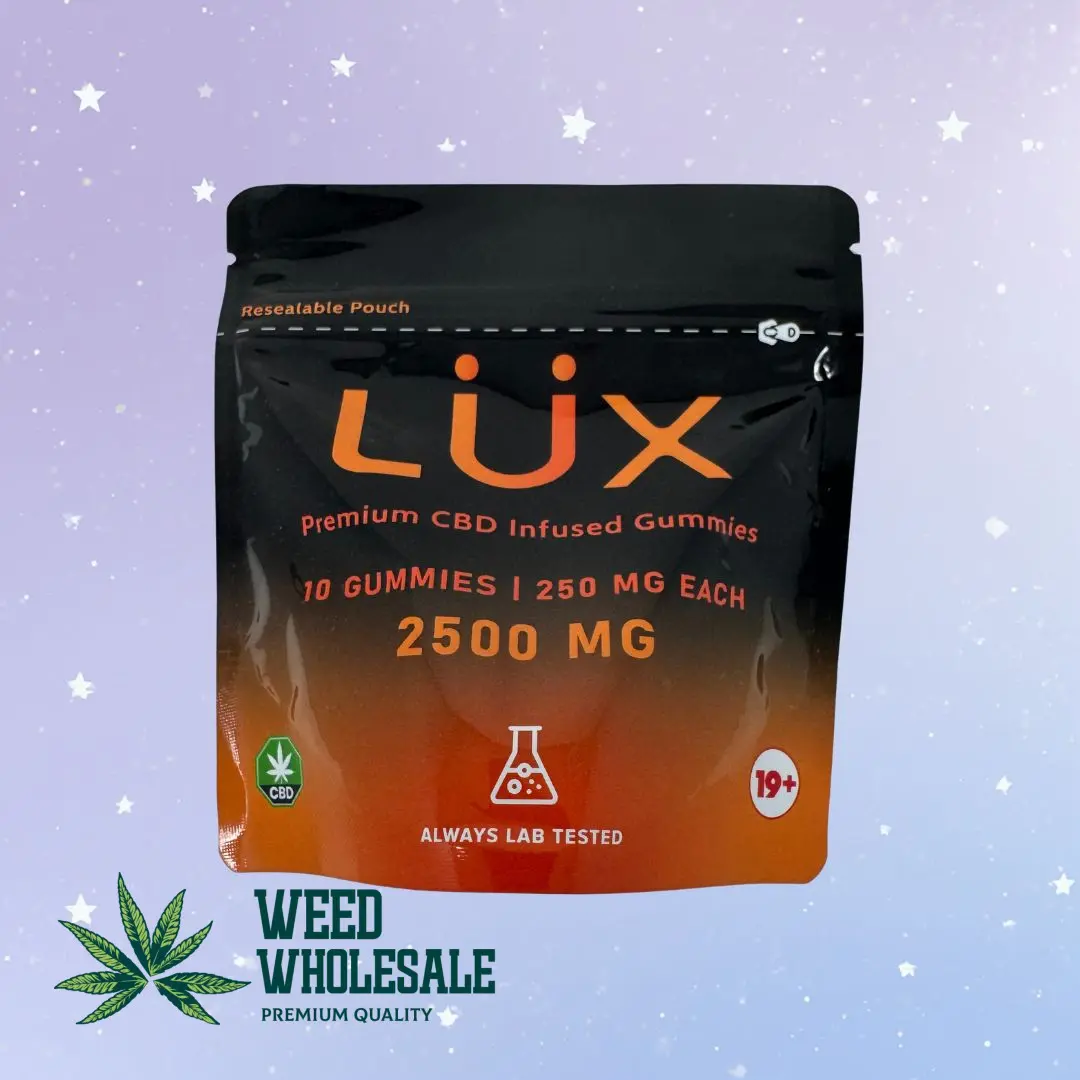 Resealable pouch of Lux CBD Gummies that feature 10 soft chewy gummies crafted in Ontario Canada, with a total of 2500mg full-spectrum CBD and 250mg per gummy.