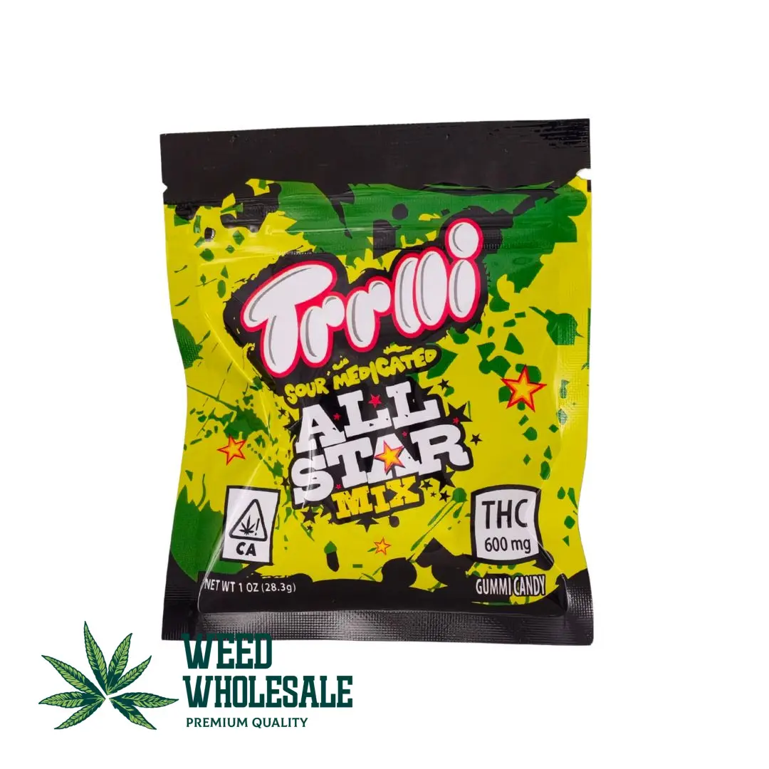 Packaging of Trrlli Sour Medicated All Star Mix Gummies featuring colorful sweet-and-sour gummy candy shapes, assorted fruit flavors, and 600MG THC labeling on the front of the bag.