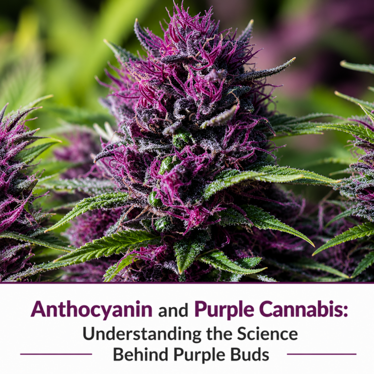 Close-up of a vibrant purple strains weed bud with the caption 'Anthocyanin and Purple Cannabis: Understanding the Science Behind Purple pots strains.