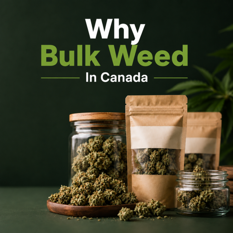 Premium bulk weed in Canada displayed in glass jars and cannabis pouches with fresh flower and the caption 'Why Bulk Weed in Canada.